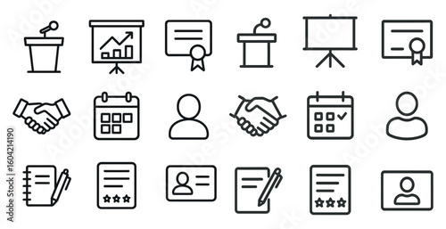 Business presentation and meeting line icons set – flat, outline, seminar symbols