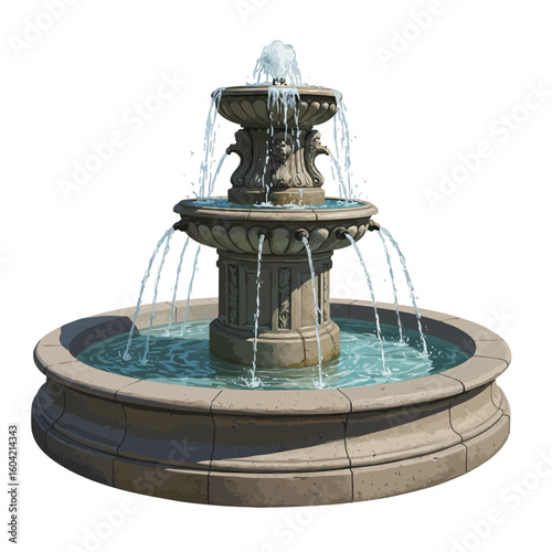 Elegant Stone Fountain with Flowing Water Isolated on White Background.