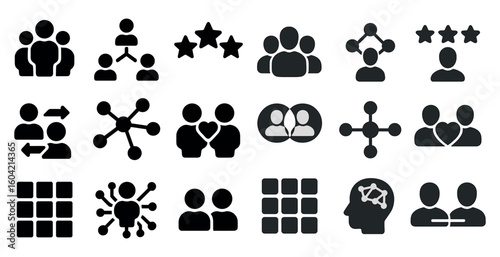 Teamwork and collaboration solid icons set – silhouette, filled, business and networking symbols