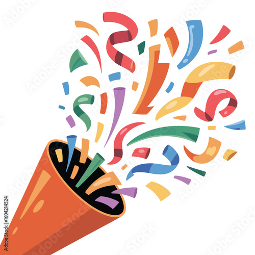 Orange party popper exploding with colorful confetti and streamers