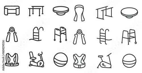 Exercise and fitness linear icons set – outline, gym, workout equipment symbols