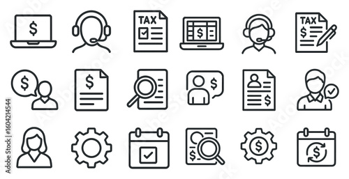 Financial and business outline icons set – line, linear, finance management symbols