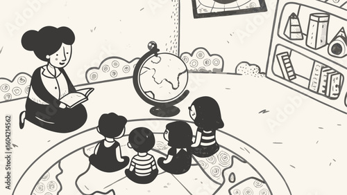A teacher reading to a group of children sitting around a globe with a bookshelf in the background silhouette
