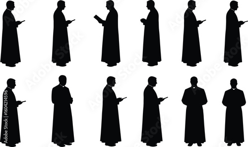 Silhouette set of Catholic priests in robe reading book, praying, standing, clergy man icons for religion or church design.