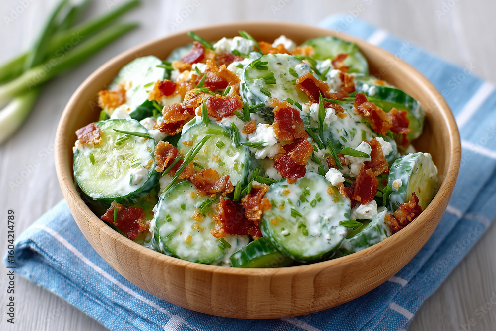 A bowl of cucumbers and bacon salad A bowl of cucumbers and bacon salad
