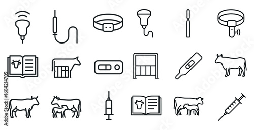 Animal health and farming icons set – linear, outline, veterinary and agriculture symbols