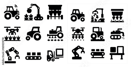 Agriculture and machinery solid icons set – farm, equipment, tools and technology symbols