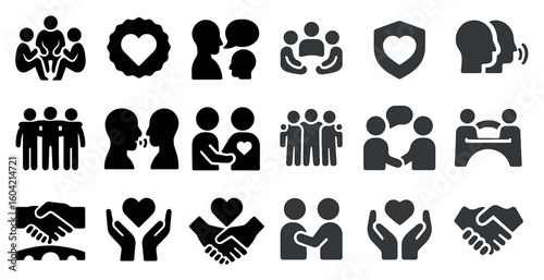Communication and relationship icons set – silhouette, solid, dialogue symbols