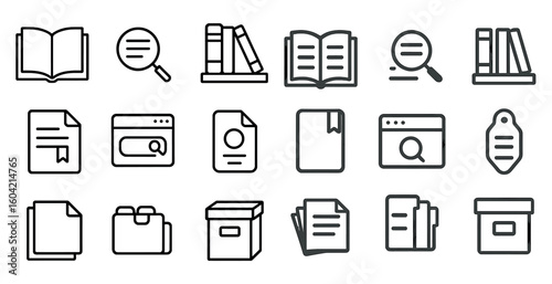 Library and research outline icons set – books, documents, scholarly symbols