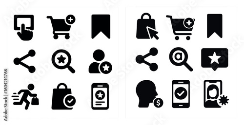 E-commerce and shopping icons set – solid, filled, retail and online store symbols