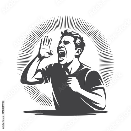 Man shouting with radiating lines yelling open mouth