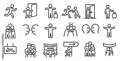 Community and relationships outline icons set – linear, silhouette, connection symbols