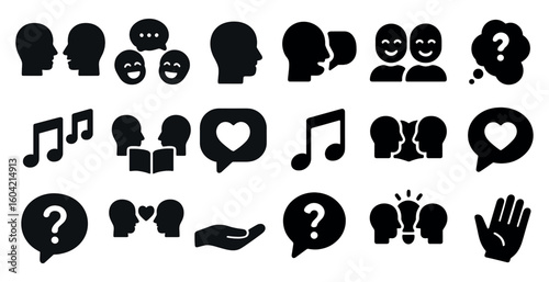 Communication and interaction silhouette icons set – solid, filled, dialogue and messaging