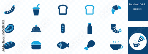 Food and Drink . Vector illustration in vegetables, fruits, desserts, meat, baked goods, drinks, and more