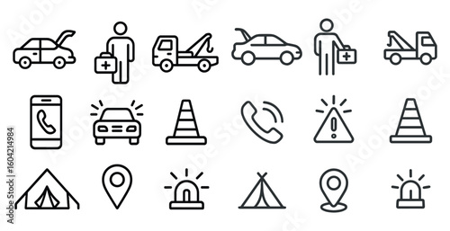 Transport and safety line icons set – outline, flat, travel and emergency symbols