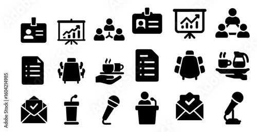 Business and meeting solid icons set – filled, corporate, presentation symbols