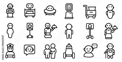 Robot and ai outline icons set – line, silhouette, automation, technology symbols