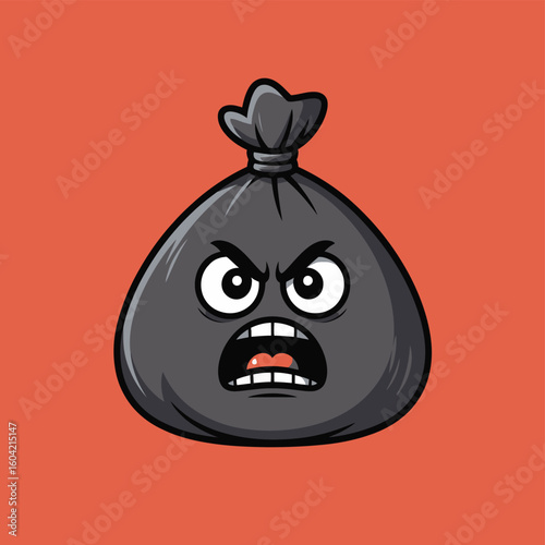 Angry black garbage bag character with grumpy face
