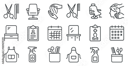 Barber and salon outline icons set – flat, linear, hairdressing and grooming symbols