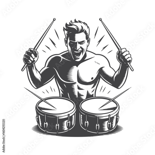 Muscular man playing drums with passion drummer drumsticks