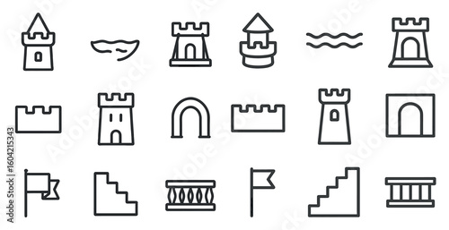 Medieval architecture outline icons set – castles, towers, and fortifications