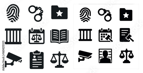 Law enforcement solid icons set – filled, justice, security symbols collection