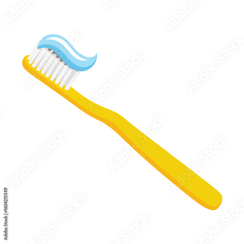 Bright yellow toothbrush with fresh blue toothpaste on white background