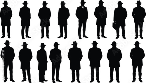 Silhouettes of Men in Coats and Hats – Vector Illustrations for Noir, Detective, Secret Agent, or Mysterious Character Concepts