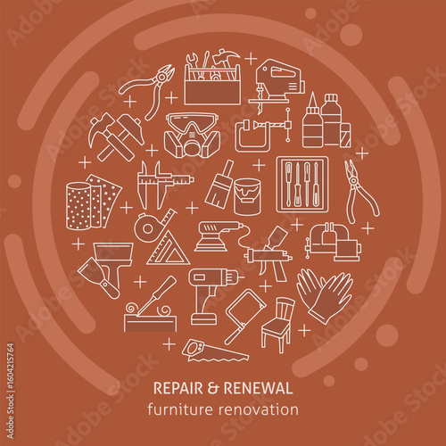 Poster with furniture renovation and woodworking tools. Vector illustration.
