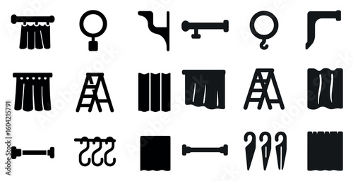 Home decor silhouette icons set – window treatments, drapery, curtain design