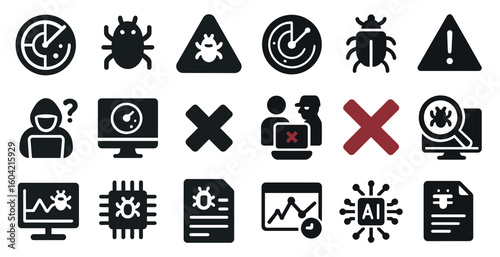 Cybersecurity and threat detection solid icons set – warning, safety, alert symbols