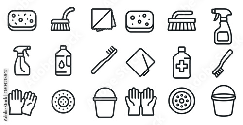 Cleaning tools outline icons set – linear, line, sanitation and hygiene symbols