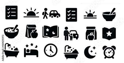 Family and daily routine solid icons set – filled, everyday, household symbols