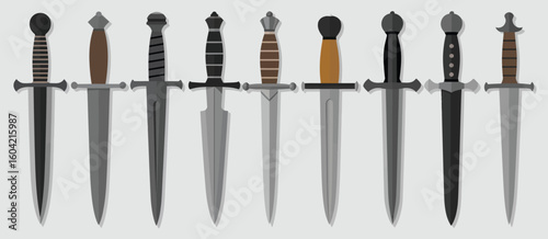 Collection of ornate medieval swords with detailed hilts and blades