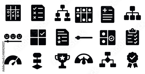 Business and workflow silhouette icons set – solid, filled, management symbols