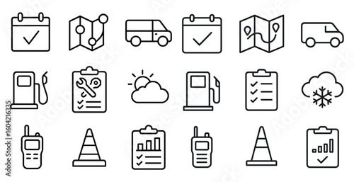 Transportation and utility line icons set – linear, outline, travel and logistics signs