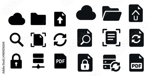 Cloud and file management solid icons set – filled, silhouette, data organization symbols