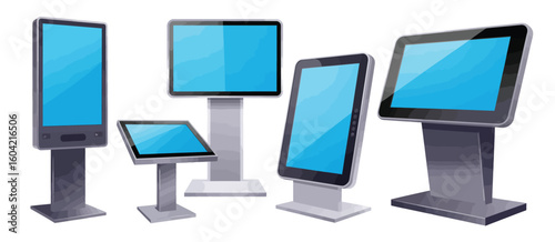 Collection of modern digital display kiosks and touchscreens on white background