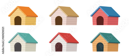 Collection of six colorful wooden dog houses on a white background