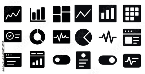 Business dashboard icons set – solid, filled, analytics and data visualization tools