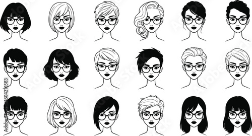 Stylish women’s black and white avatar set with various short hairstyles and glasses, trendy female portraits, modern vector illustrations.