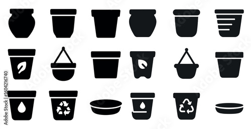 Gardening silhouette icons set – flat, filled, plant care and eco-friendly symbols