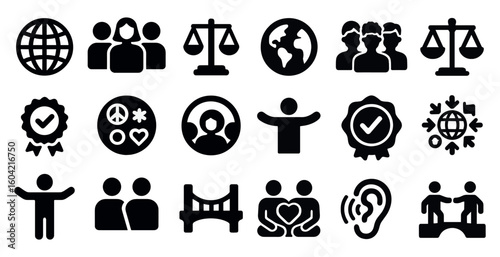 Global community solid icons set – silhouette, unity, social media graphics