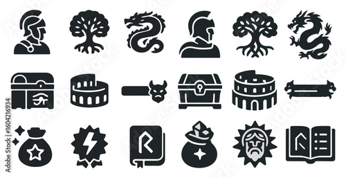 Mythology and legend solid icons set – filled, fantasy and ancient symbols