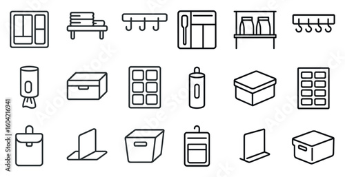 Home organization icons set – outline, storage, decluttering symbols