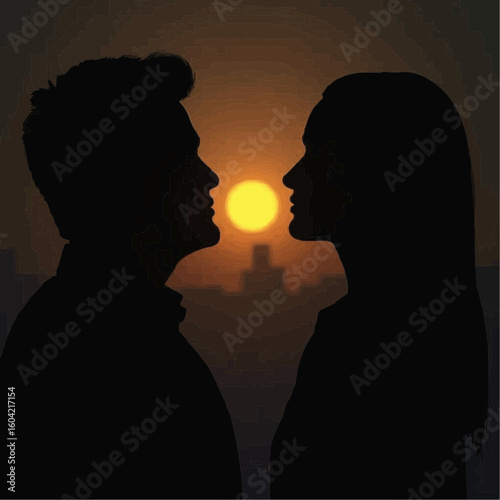 Silhouette of two people facing each other against sunset background  