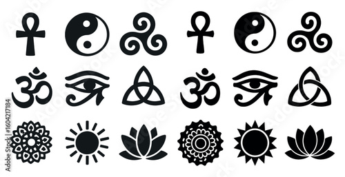 Spiritual and cultural icons set – silhouette, outline, meditation and harmony symbols