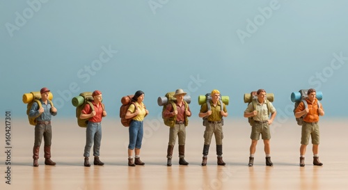 A diverse group of miniature hikers with colorful backpacks stand in a line against a blue background