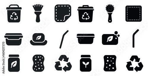 Recycling and waste management icons set – solid, filled, eco-friendly symbols