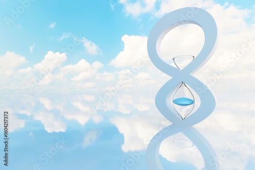 Creative hourglass design under a bright blue sky with fluffy clouds reflecting in a calm surface